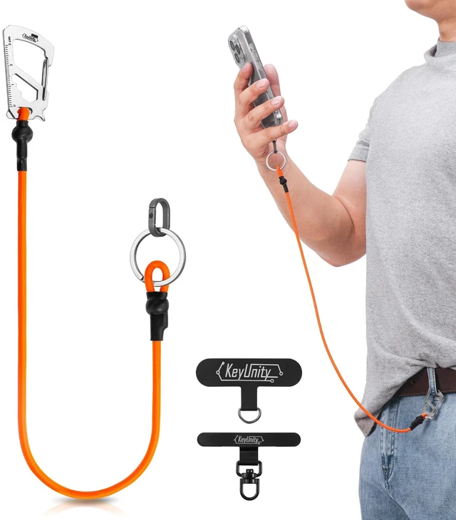 Main image of KC05 Cell Phone Lanyard with Multi-Tool Carabiner (Orange) | Anti Theft Phone Strap, Keychain Lanyard for Keys EDC Gear, Multi-Purpose Stretchy Tether for Travel Hiking Climbing Skiing