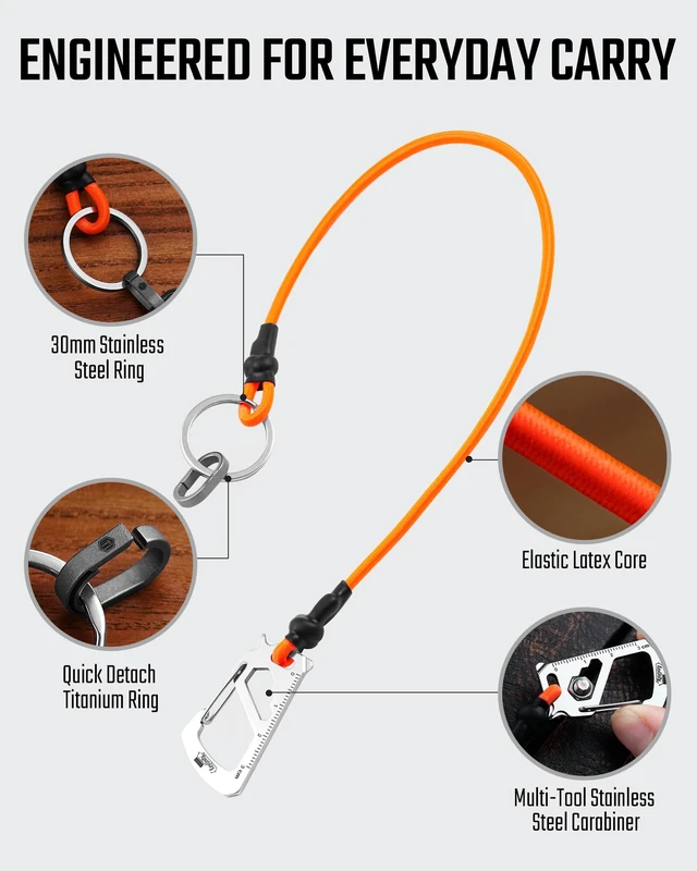 Alt view image 4 of 7 - KC05 Cell Phone Lanyard with Multi-Tool Carabiner (Orange) | Anti Theft Phone Strap, Keychain Lanyard for Keys EDC Gear, Multi-Purpose Stretchy Tether for Travel Hiking Climbing Skiing