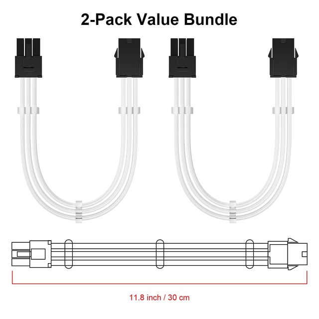 Alt view image 7 of 7 - 6 Pin PCIe Power Extension Cable, 11.8 inch GPU Male to Female Braided Sleeve Cord with 6 Cable Combs, for Graphics Card, White, 2 Pack