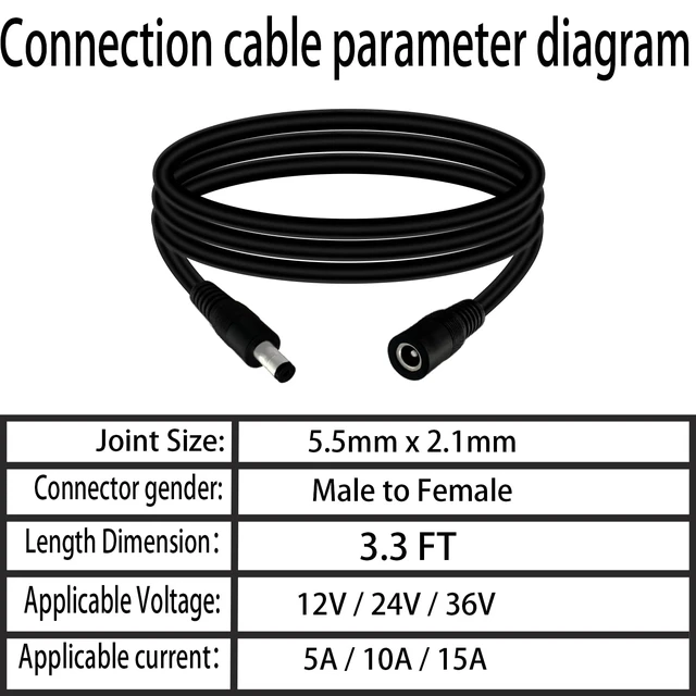 Alt view image 3 of 3 - 2pcs 5.5mm×2.1mm14AWG DC Cable Male to Female Connector 5521Connector 3.3FT | Heavy-Duty DC Extension Cables Suitable for CCTV Cameras, LED Strip Lights, Solar Panels, and Energy Storage Systems