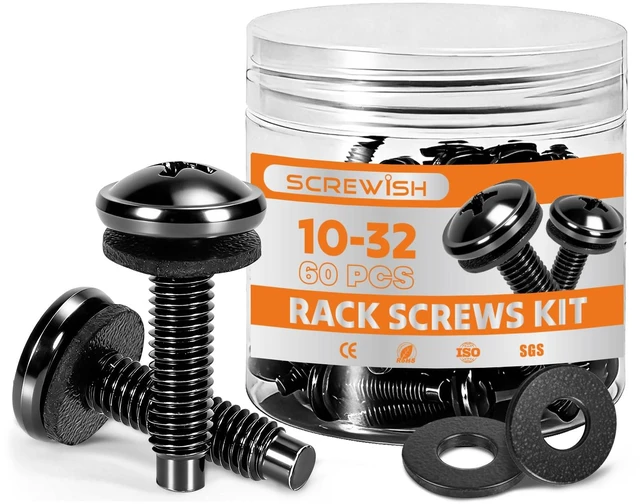 Main image of 10-32 Rack Screws with Nylon Washers, 60 Pack, Black | For Matching Pre-Threaded Rack Rails, No Cage Nuts Needed, Self-Guiding Pilot Points, Panel-Protecting Nylon Washers