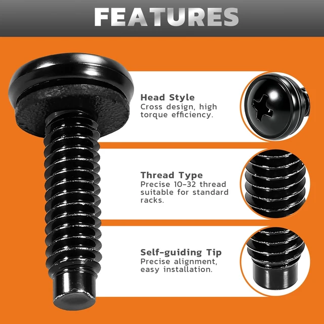 Alt view image 4 of 7 - 10-32 Rack Screws with Nylon Washers, 60 Pack, Black | For Matching Pre-Threaded Rack Rails, No Cage Nuts Needed, Self-Guiding Pilot Points, Panel-Protecting Nylon Washers