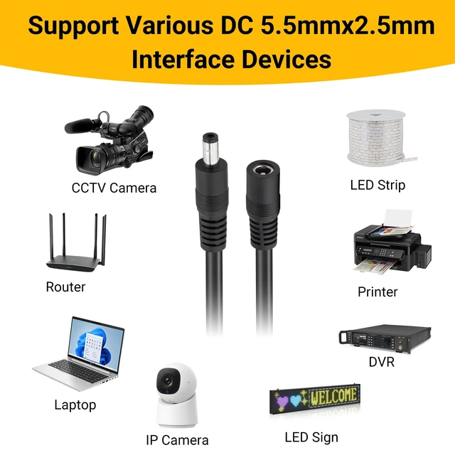 Alt view image 5 of 5 - 5.5x2.5mm DC Power Extension Cable Male to Female 18AWG 1-Pack 10FT | 12V/24V DC5525 Extension Cord for Power Adapter, CCTV Wireless IP Camera, Monitors, LED Controllers
