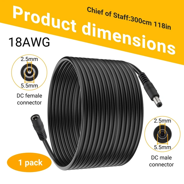 Alt view image 2 of 5 - 5.5x2.5mm DC Power Extension Cable Male to Female 18AWG 1-Pack 10FT | 12V/24V DC5525 Extension Cord for Power Adapter, CCTV Wireless IP Camera, Monitors, LED Controllers