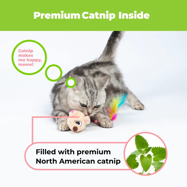 Alt view image 3 of 7 - Catify Interactive Cat Toy - Squeaking Mice Set, Beige & Gray | Catnip Infused, Tap to Activate Squeaks, Soft, For Indoor Kittens & Cats, Independent Play, Attaches to Wand, Pack of 2