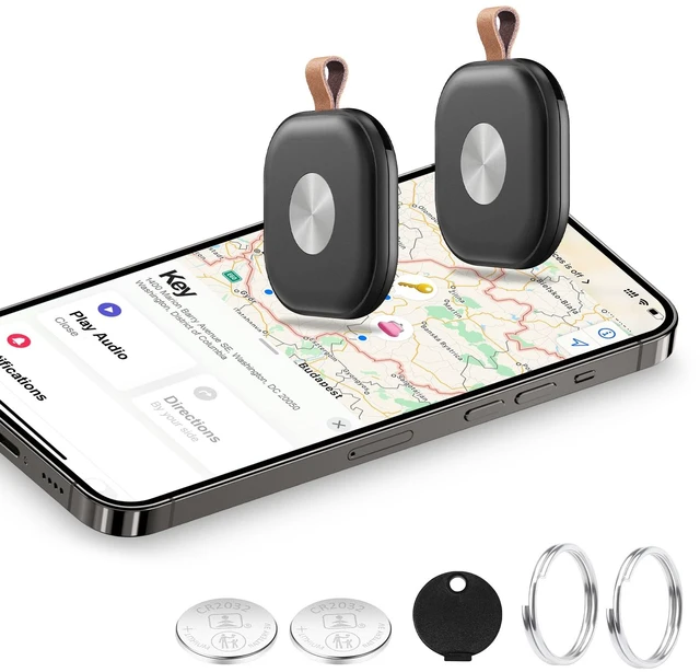 Main image of 2-Pack Air Tracker Key Finder Works with Apple Find My App (iOS Only) | Track keys, luggage, bags & wallets worldwide. Replaceable battery, loud alert, left-behind notification, Black