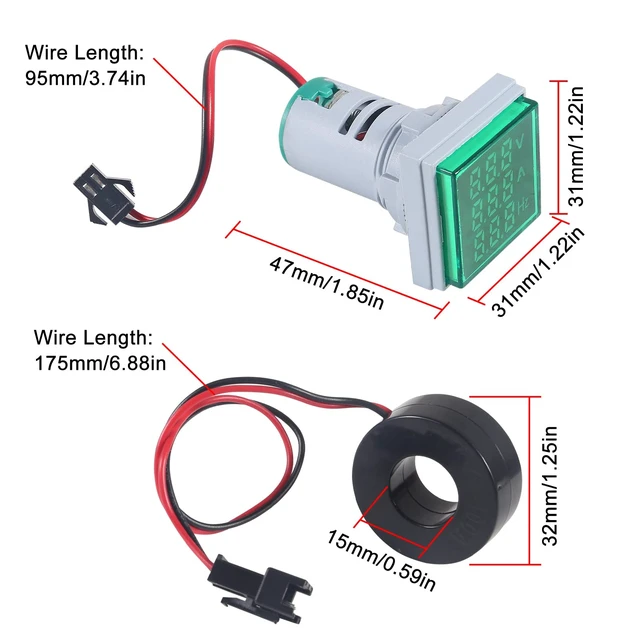 Alt view image 3 of 7 - 2PCS 3 in 1 Digital Voltmeter Ammeter Frequency Indicator AC 60-500V 0-100A 20-75Hz 22mm Square Head Multifunction LED Amp Meter Voltage Detector with CT (Green)