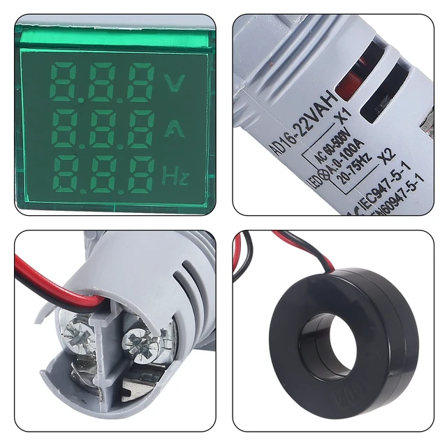 Alt view image 5 of 7 - 2PCS 3 in 1 Digital Voltmeter Ammeter Frequency Indicator AC 60-500V 0-100A 20-75Hz 22mm Square Head Multifunction LED Amp Meter Voltage Detector with CT (Green)
