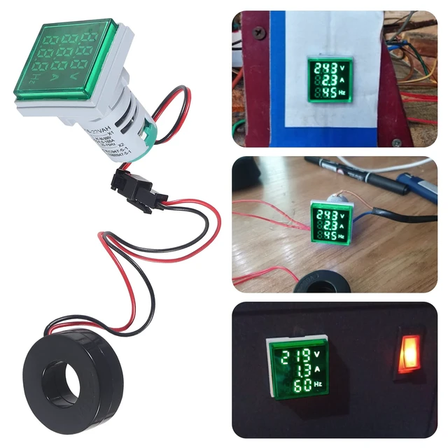 Alt view image 6 of 7 - 2PCS 3 in 1 Digital Voltmeter Ammeter Frequency Indicator AC 60-500V 0-100A 20-75Hz 22mm Square Head Multifunction LED Amp Meter Voltage Detector with CT (Green)