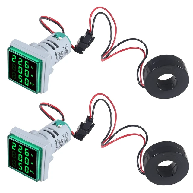 Alt view image 7 of 7 - 2PCS 3 in 1 Digital Voltmeter Ammeter Frequency Indicator AC 60-500V 0-100A 20-75Hz 22mm Square Head Multifunction LED Amp Meter Voltage Detector with CT (Green)