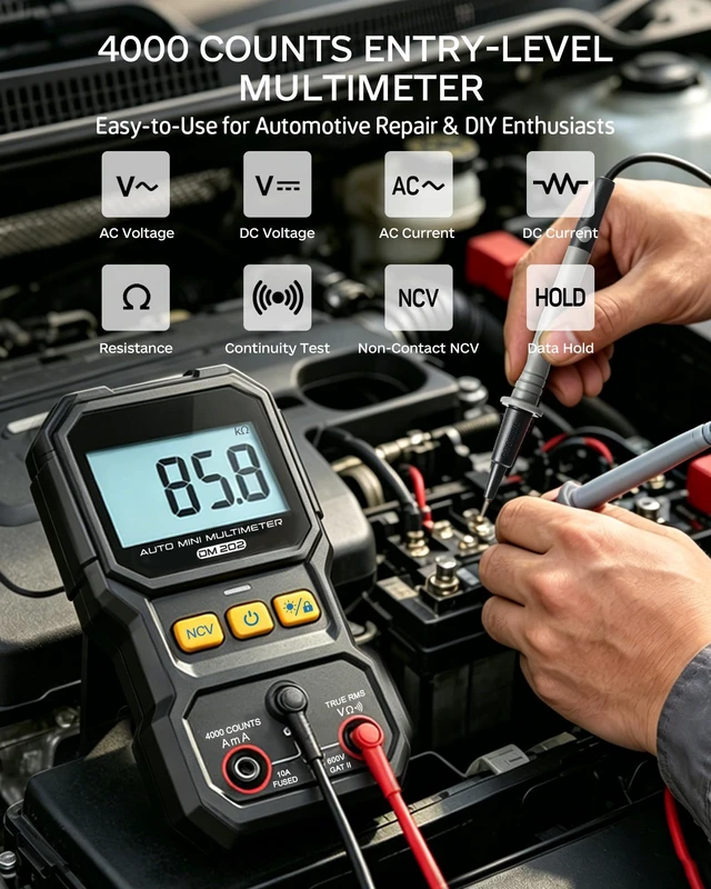 Alt view image 2 of 7 - DM202 Mini Multimeter, 4000 Counts True RMS Auto-Ranging, NCV, Voltage/Current/Resistance/Continuity, Data Hold Backlight, Portable Pocket Meter for Auto Home Electrical Test