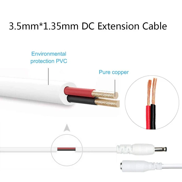 Alt view image 3 of 5 - DC Power Adapter Extension Cable, 1.35mm x 3.5mm Male to Female Jack DC 5V Plug Extension Cord for CCTV Security Camera etc., 2pcs 5m/16.4Feet White