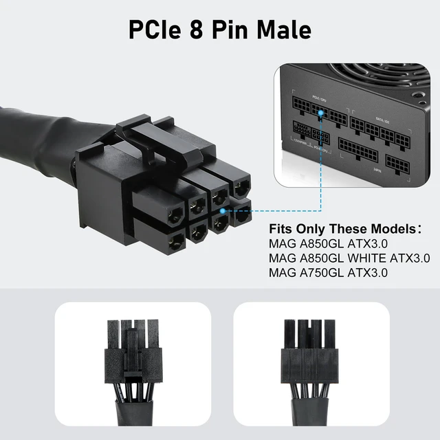 Alt view image 2 of 6 - PCIe Cable for MSI Mag a750gl a850gl,8 Pin to 6+2 Pin GPU Power Cable for MSI PSU,Braided Sleeved GPU Power Supply Cables(25.5 inch),PCIe 8 Pin Male Rated for 10A Current (Black)