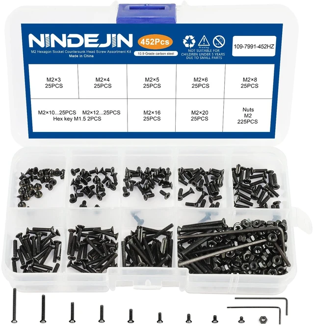 Main image of M2 Screws, Metric M2-0.4 Flat Head Allen Socket Drive Screw, 452 pcs M2 Tiny Nuts Assortment Kit for 3D Printing Projects, RC Airplanes and Other Small Projects (9 Screw Lengths)