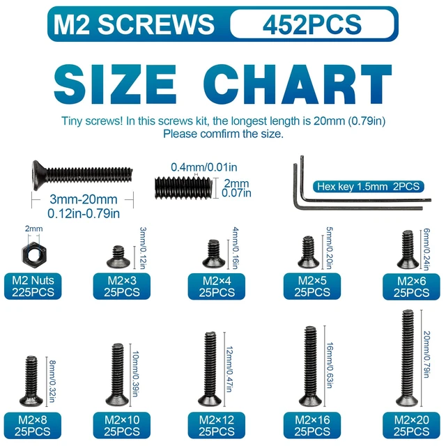 Alt view image 2 of 7 - M2 Screws, Metric M2-0.4 Flat Head Allen Socket Drive Screw, 452 pcs M2 Tiny Nuts Assortment Kit for 3D Printing Projects, RC Airplanes and Other Small Projects (9 Screw Lengths)