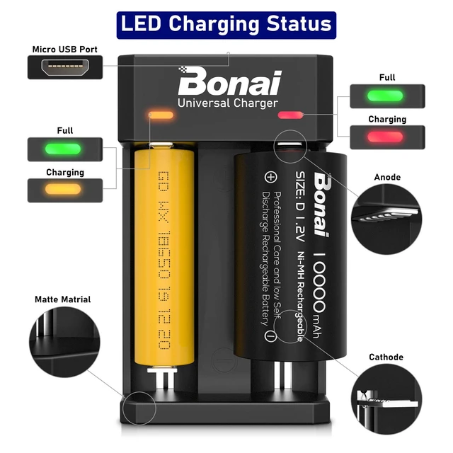 Alt view image 3 of 7 - Battery Charger for 1.2V Ni-MH AA AAA C D Rechargeable Batteries, All Types of 3.7V Lithium Batteries - 2 Slots USB Charger