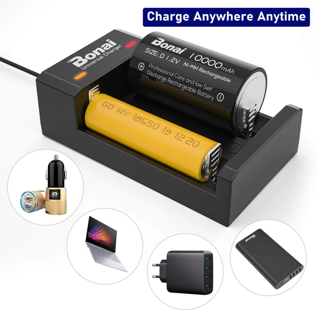 Alt view image 4 of 7 - Battery Charger for 1.2V Ni-MH AA AAA C D Rechargeable Batteries, All Types of 3.7V Lithium Batteries - 2 Slots USB Charger