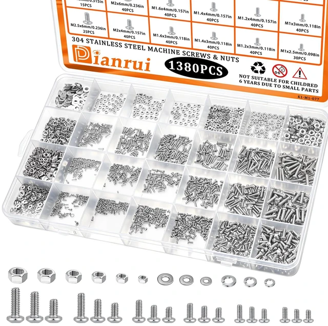 Main image of 1380PCS Stainless Steel Metric Micro Screws Nuts wahers Assortment | Mini Screw Kit M1/M1.2/M1.4/M1.6/M2/M2.5 Phillips Pan Head Tiny Screws, for Glasses/ Watches/ Clocks/ Computer/ DIY Project