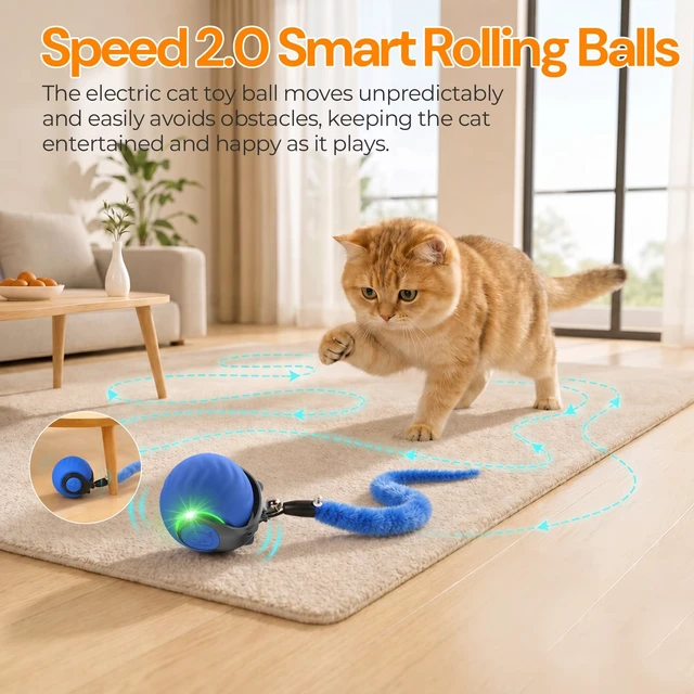 Alt view image 7 of 7 - 2026 Interactive Cat Toys with Bird Sounds & 3 Modes for Indoor Cats Play | Bird Sounds, 3 Speed Modes, 3 Tails, Rechargeable Automatic Rolling, Fast Charging Ball, For Indoor