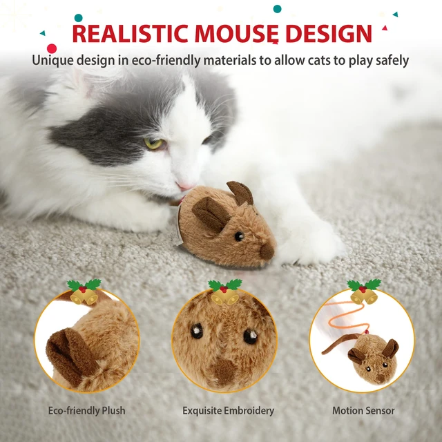 Alt view image 4 of 7 - Interactive Cat Toy Mouse, Moving Automatic Cat Toys Mice Electronic with Furry Tail, Automatic Squeaky Cat Toys for Kitten Indoor/Outdoor Exercise (Brown-Ear)