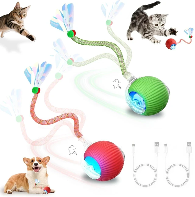 Main image of 2 Pack Interactive Cat Toy Balls for Indoor with Elastic Mesh Tail | Automatic Activate Interactive Cat Toys Ball with 360° Fast Smart Movement, USB Rechargeability and Durable Enrichment Toy