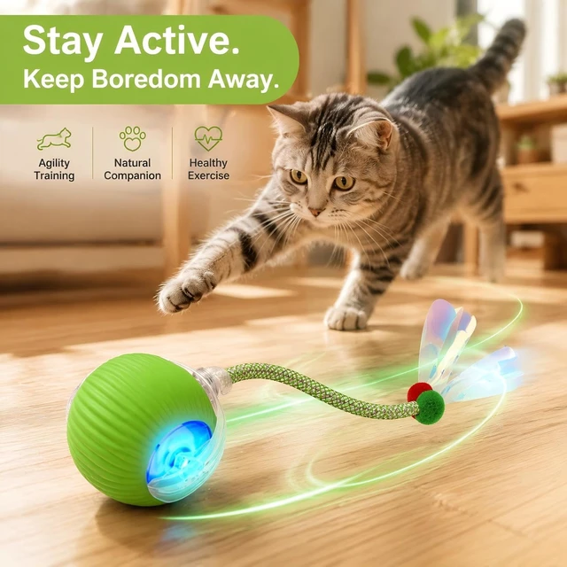 Alt view image 6 of 7 - 2 Pack Interactive Cat Toy Balls for Indoor with Elastic Mesh Tail | Automatic Activate Interactive Cat Toys Ball with 360° Fast Smart Movement, USB Rechargeability and Durable Enrichment Toy