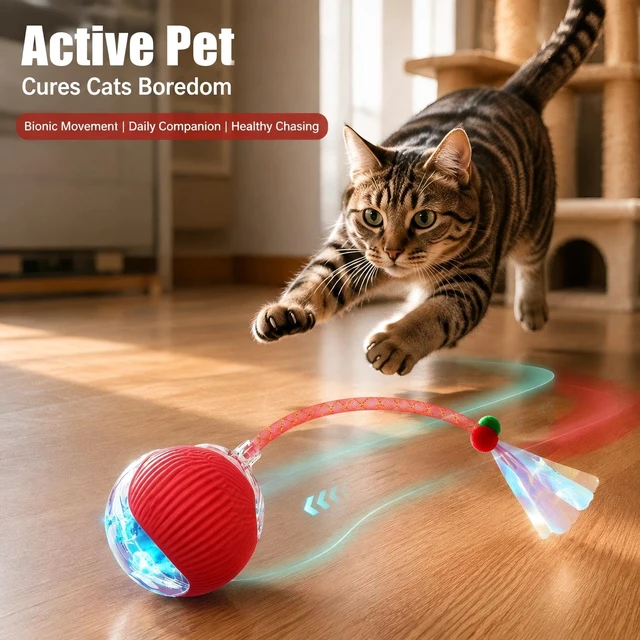 Alt view image 7 of 7 - 2 Pack Interactive Cat Toy Balls for Indoor with Elastic Mesh Tail | Automatic Activate Interactive Cat Toys Ball with 360° Fast Smart Movement, USB Rechargeability and Durable Enrichment Toy