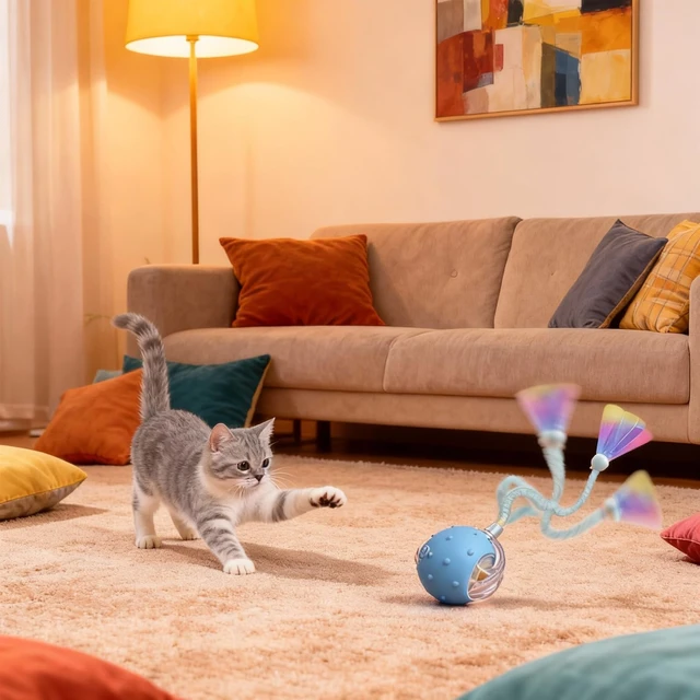 Alt view image 5 of 6 - Automatic Chirping Cat Ball, 3 Interchangeable Tails for Indoor Cats, Pink | Self-moving interactive cat toy, entertains bored kittens, automatic self-play enrichment for indoor cats