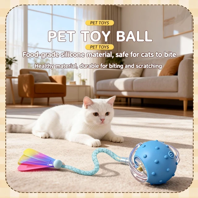 Alt view image 3 of 6 - Automatic Chirping Cat Ball, 3 Interchangeable Tails for Indoor Cats, Pink | Self-moving interactive cat toy, entertains bored kittens, automatic self-play enrichment for indoor cats