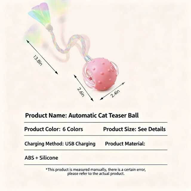 Alt view image 2 of 6 - Automatic Chirping Cat Ball, 3 Interchangeable Tails for Indoor Cats, Pink | Self-moving interactive cat toy, entertains bored kittens, automatic self-play enrichment for indoor cats