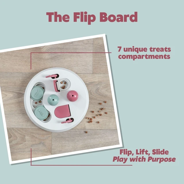 Alt view image 3 of 7 - Cat Activity Flip Board 4-Module Treat Puzzle Enrichment Toy for Mental Stimulation & Slow Feeding Interactive Cat Toy for Indoor Cats Berry/Gray, 9 x 9 x 2.5 in
