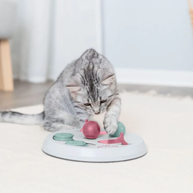 Alt view image 5 of 7 - Cat Activity Flip Board 4-Module Treat Puzzle Enrichment Toy for Mental Stimulation & Slow Feeding Interactive Cat Toy for Indoor Cats Berry/Gray, 9 x 9 x 2.5 in