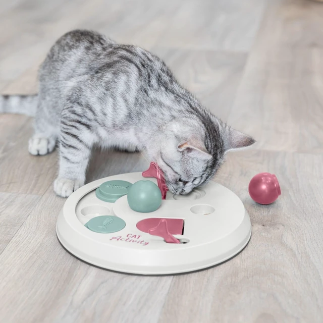 Alt view image 6 of 7 - Cat Activity Flip Board 4-Module Treat Puzzle Enrichment Toy for Mental Stimulation & Slow Feeding Interactive Cat Toy for Indoor Cats Berry/Gray, 9 x 9 x 2.5 in