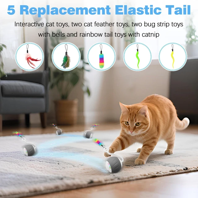Alt view image 4 of 6 - Upgraded 2.36 Inch Large Interactive Cat Toys Ball for Indoor Cats, Gray | Motion and Sound Activated, 2 Speeds, Rechargeable, 5 Replaceable Tails, Stuck-Free Motor, Pink Also Available