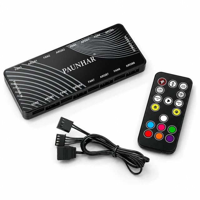 Main image of 8-Port ARGB PWM Fan Hub with Remote Control, SATA Powered | Expands PC cooling with 8 fan connections, 5V 3-pin ARGB lighting control, a remote, and magnetic mounting.