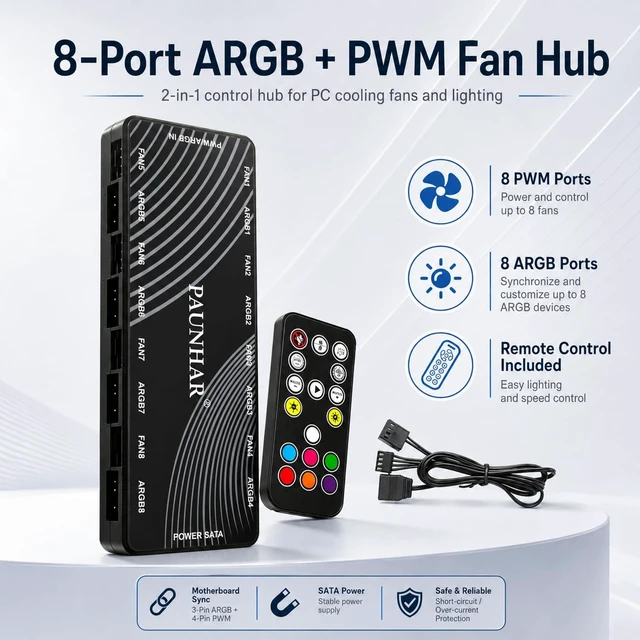 Alt view image 2 of 7 - 8-Port ARGB PWM Fan Hub with Remote Control, SATA Powered | Expands PC cooling with 8 fan connections, 5V 3-pin ARGB lighting control, a remote, and magnetic mounting.