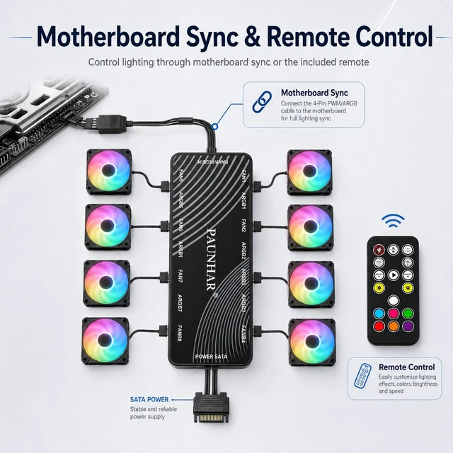 Alt view image 3 of 7 - 8-Port ARGB PWM Fan Hub with Remote Control, SATA Powered | Expands PC cooling with 8 fan connections, 5V 3-pin ARGB lighting control, a remote, and magnetic mounting.