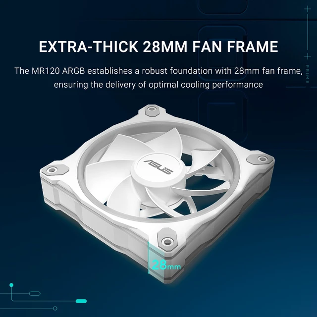 Alt view image 2 of 7 - Prime MR120 ARGB Reverse Fan White Single Pack, 28mm Extra-Thick Frame, Quiet, high-Performance Cooling with PWM, 20 ARGB LEDs with Dual-Sided Frame Lighting, Aura Sync, 2 Year Warranty