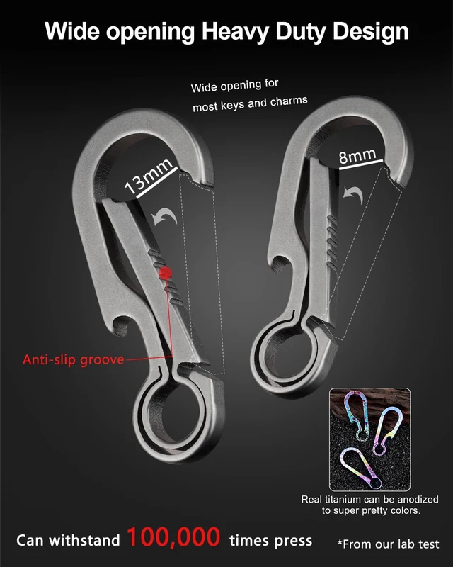 Alt view image 3 of 7 - Titanium Carabiner Keychain Clip for Keys, 2/2.6 Inch Small | Heavy Duty, Key Holder, Quick Release, Ultra Light, Bottle Opener, Hypoallergenic, Valentines Day Gift for Him Men