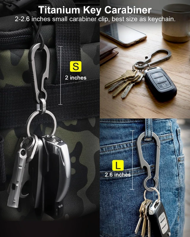 Alt view image 2 of 7 - Titanium Carabiner Keychain Clip for Keys, 2/2.6 Inch Small | Heavy Duty, Key Holder, Quick Release, Ultra Light, Bottle Opener, Hypoallergenic, Valentines Day Gift for Him Men