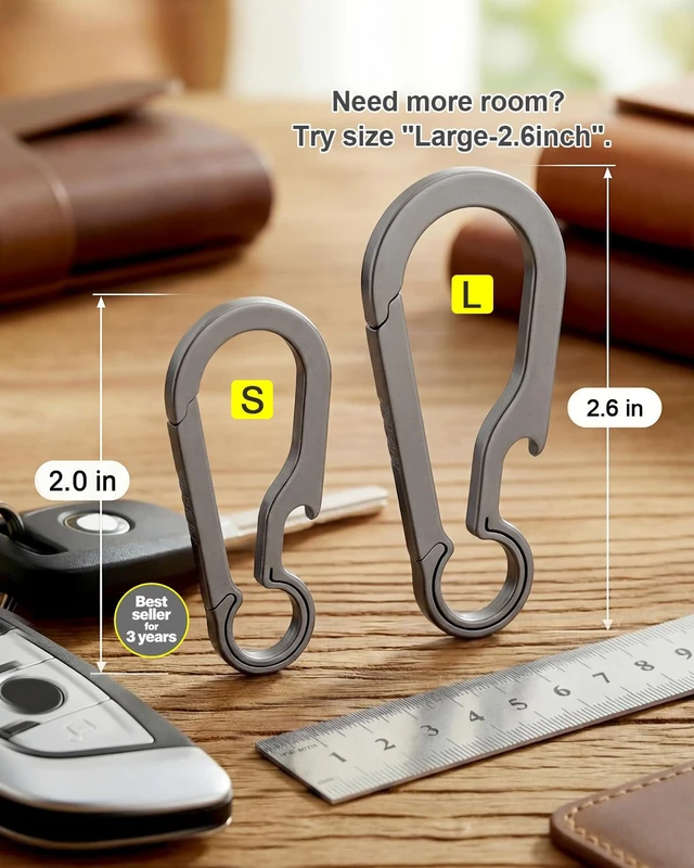 Alt view image 5 of 7 - Titanium Carabiner Keychain Clip for Keys, 2/2.6 Inch Small | Heavy Duty, Key Holder, Quick Release, Ultra Light, Bottle Opener, Hypoallergenic, Valentines Day Gift for Him Men