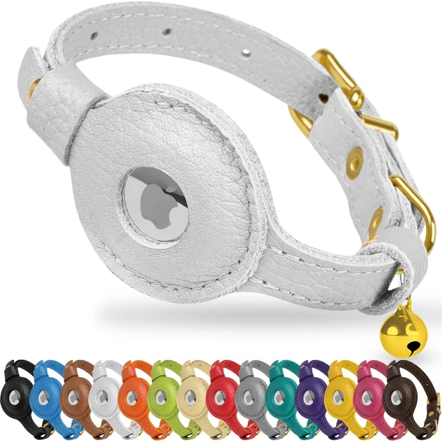 Main image of Leather AirTag Cat Collar with Bell - Non Breakaway Kitten Collar with Apple Air Tag Holder - Lightweight GPS Pet Collars for Girl Boy Cats, Small Dogs, Puppies (White)
