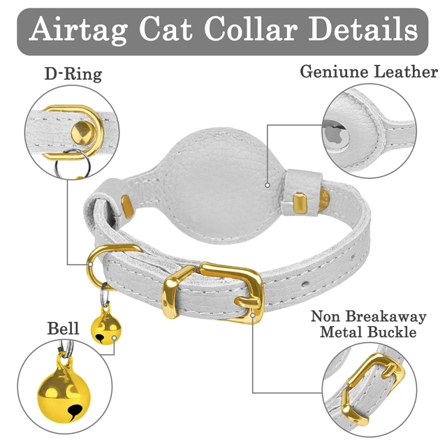 Alt view image 3 of 6 - Leather AirTag Cat Collar with Bell - Non Breakaway Kitten Collar with Apple Air Tag Holder - Lightweight GPS Pet Collars for Girl Boy Cats, Small Dogs, Puppies (White)
