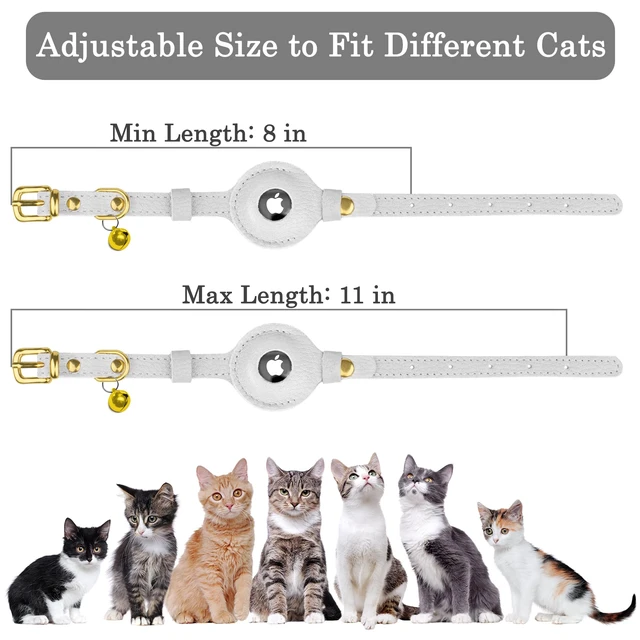 Alt view image 4 of 6 - Leather AirTag Cat Collar with Bell - Non Breakaway Kitten Collar with Apple Air Tag Holder - Lightweight GPS Pet Collars for Girl Boy Cats, Small Dogs, Puppies (White)