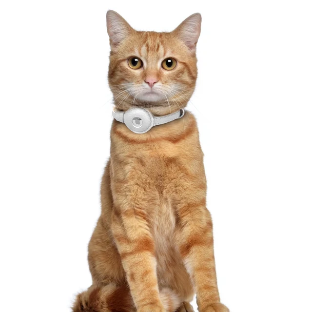 Alt view image 6 of 6 - Leather AirTag Cat Collar with Bell - Non Breakaway Kitten Collar with Apple Air Tag Holder - Lightweight GPS Pet Collars for Girl Boy Cats, Small Dogs, Puppies (White)