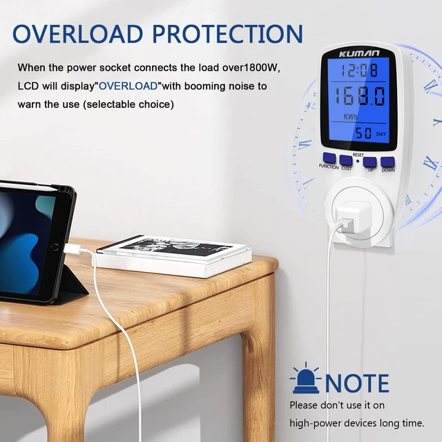 Alt view image 4 of 7 - Upgraded Watt Meter, Home Electricity Usage Monitor, Plug-in Socket Power Meter, Power Watt Voltage Amps Meter Tester, Overload Protection