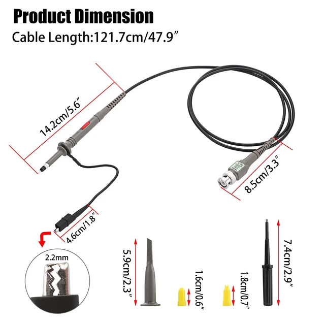 Alt view image 3 of 7 - 2Pcs 100 MHz 300V DC High Sensitivity Oscilloscope Clip Probes | Oscilloscope Probe 1:1 and 1:1 Switchable with Mini Alligator Clip and Ground Lead