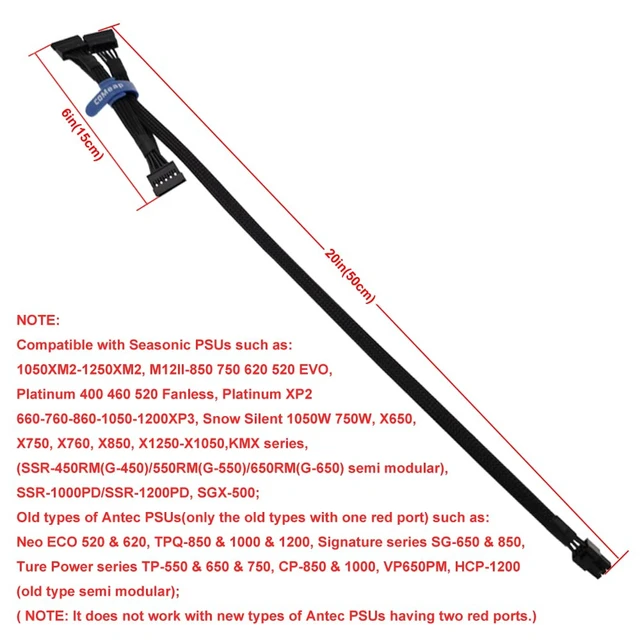 Alt view image 4 of 6 - SATA Power Cable for Seasonic Antec PSUs, 6 Pin to 3X 15 Pin SATA Hard Drive Power Adapter Splitter Sleeved for BTC Mining Riser Card 20-in(50cm)