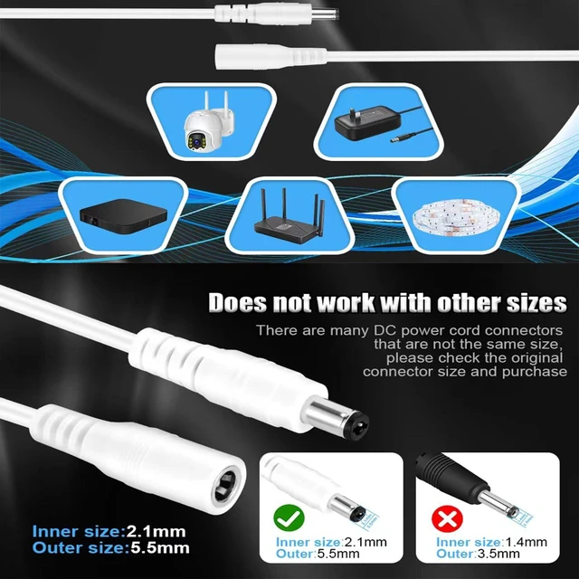 Alt view image 3 of 5 - 33FT DC Power Extension Cable, 5.5mm x 2.1mm Extension Cord Compatible with DC 5V 12V 24V for CCTV Security Camera IP Camera Standalone DVR, LED Strip String Light Car-Male to Female