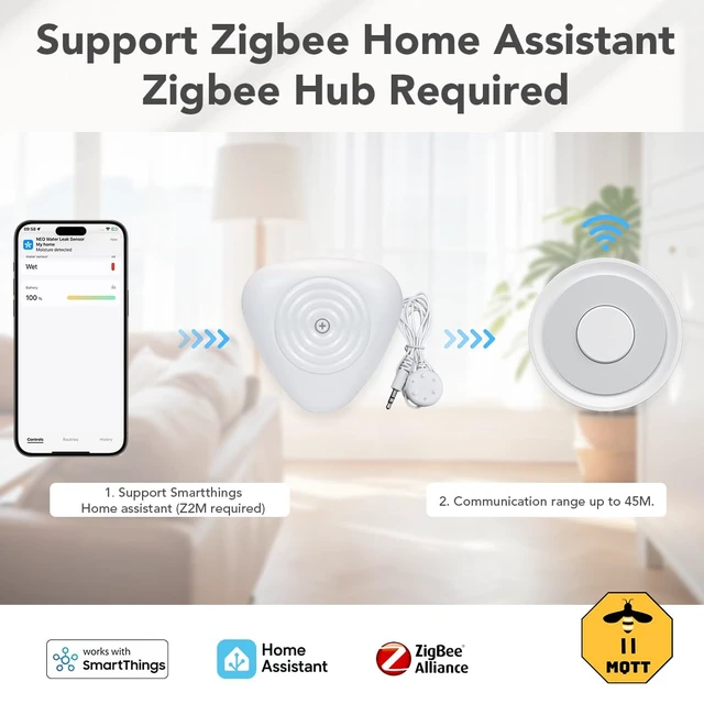 Alt view image 6 of 7 - Zigbee Water Sensor, Smart Water Leak Detector for Home, Requires Zigbee Hub, Compatible with SmartThings and Home Assistant (ZHA & Z2M)